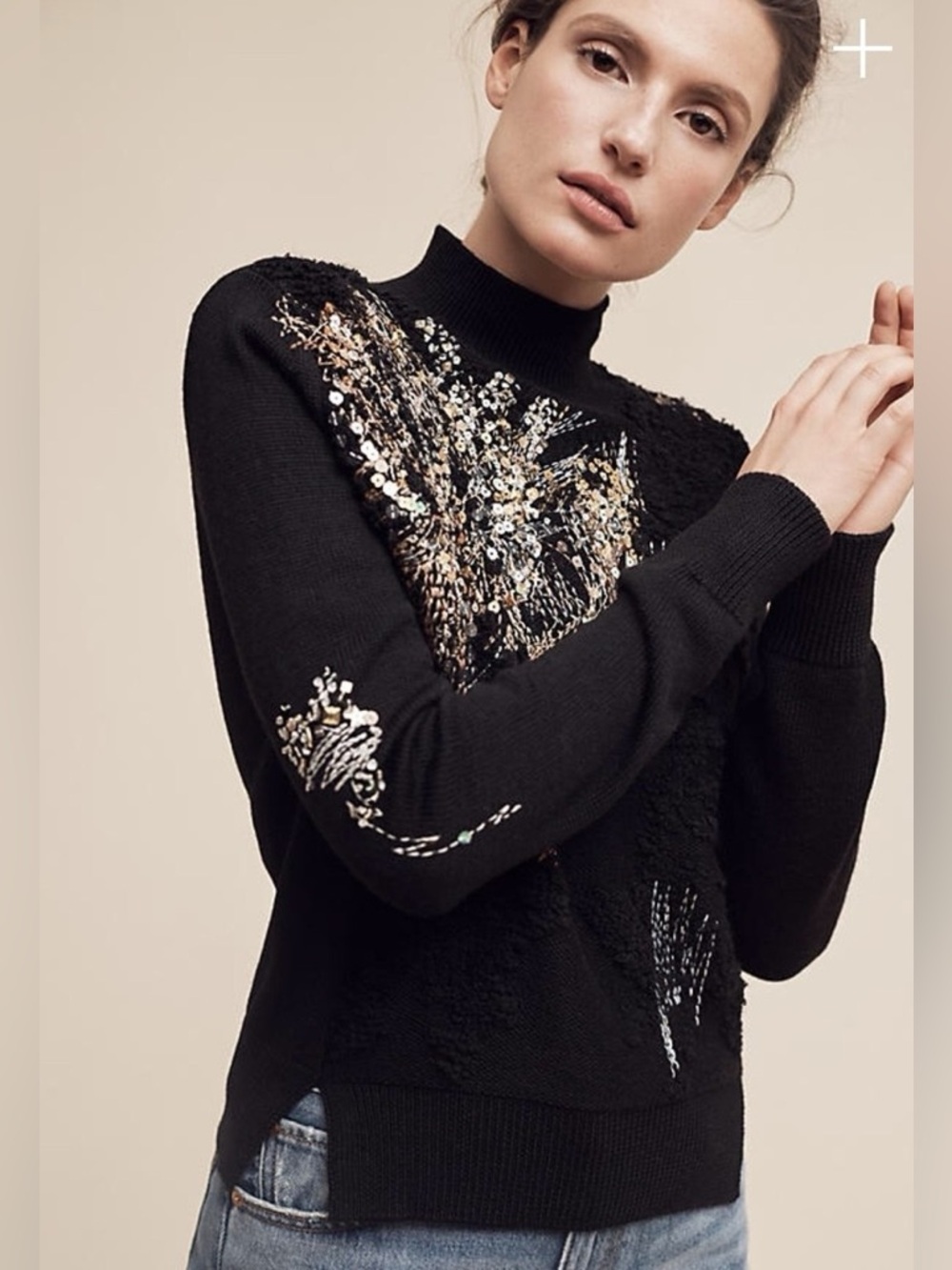 Anthropologie Eclectic Beaded/Stitch detail Black Knit Sweater